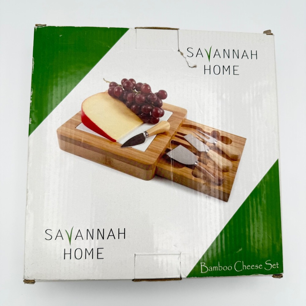 Savannah Home Bamboo Cheese Set w/ Slide Out Drawer and 4 Stainless Steel Tools